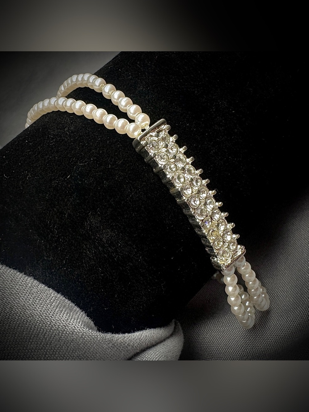 Vintage Signed NAPIER Double Strand Pearl Rhinestone Bar Bracelet